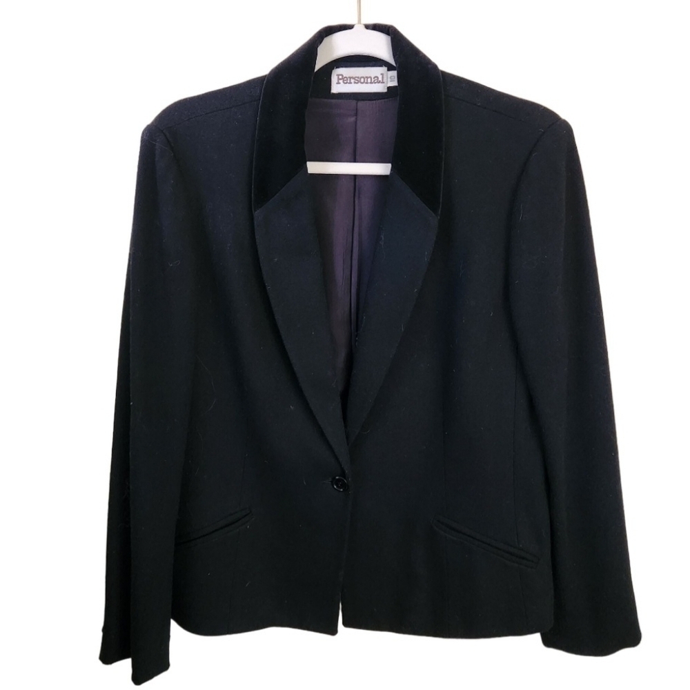 Vintage Personal Black Wool One Button Shawl Collar Blazer Size 10